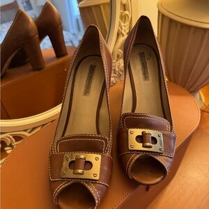Via Spiga Brown Leather Peep-Toe Heels With Buckle Vintage
